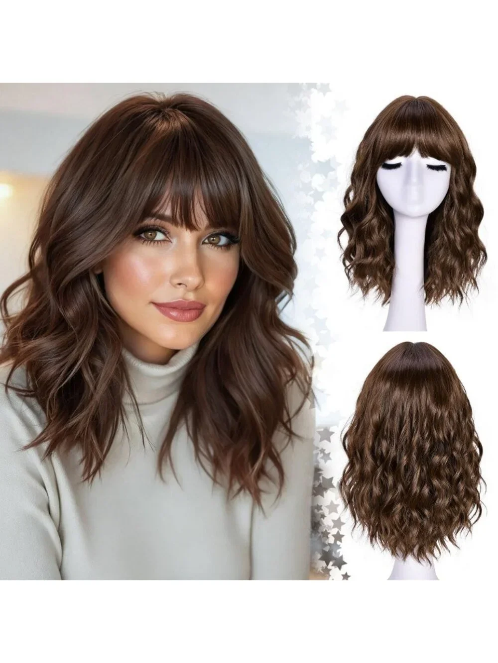 Women's Brown 14 Inch Natural Synthetic Short Curly Wavy Fiber Wigs
